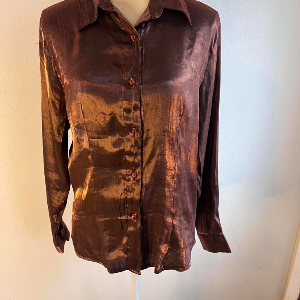 Veve Y2K Brown Metallic Button Up Blouse Bronze Shiny Long Sleeve Top Large‎